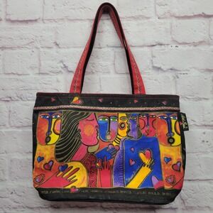 Vtg Laurel Burch Shoulder‎ Bag Art Faces Inspire Love Heal Hearts Canvas Handbag